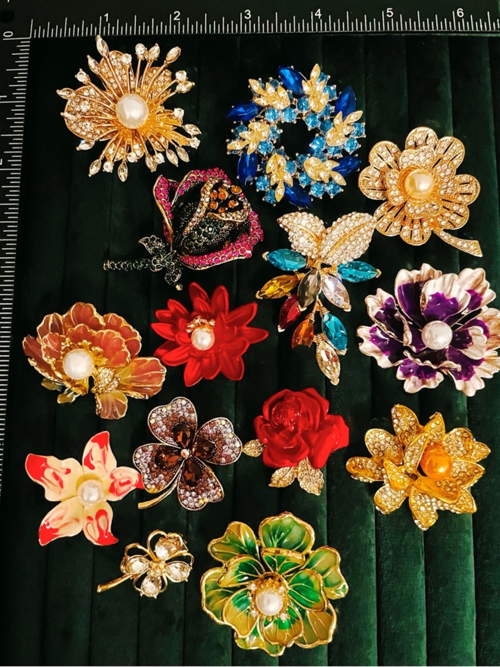 Vintage Style Rhinestone Enamel Floral Brooch Lot 14 Mixed Flower Pins Statement